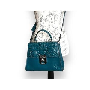 New Patricia Nash Chauny Floral Tooled Leather Satchel Handbag Purse Blue Coral